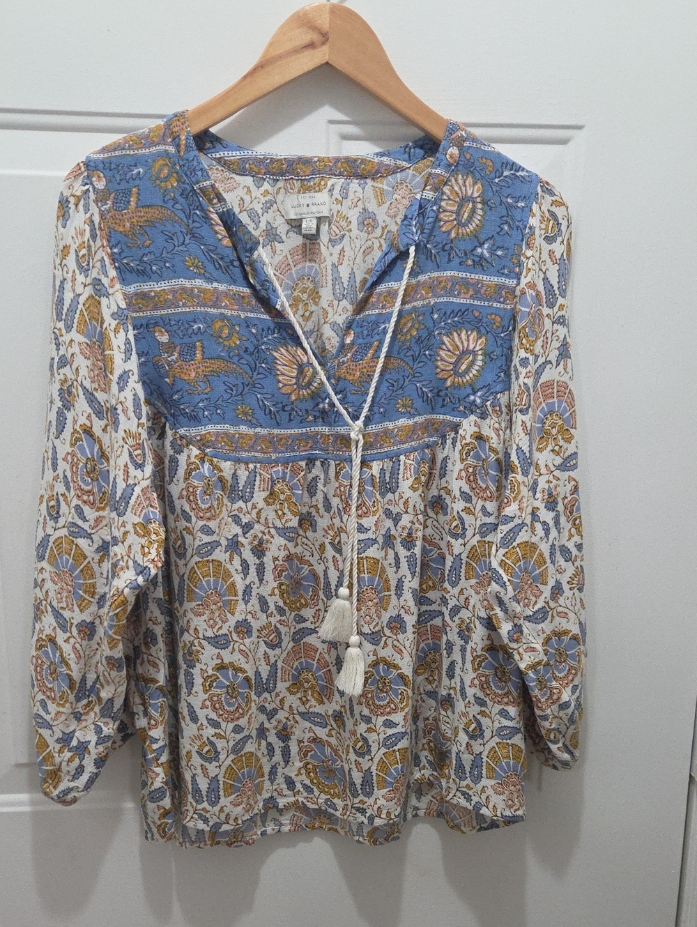 Lucky Brand Blue, Gold and Cream Floral Boho Tunic L